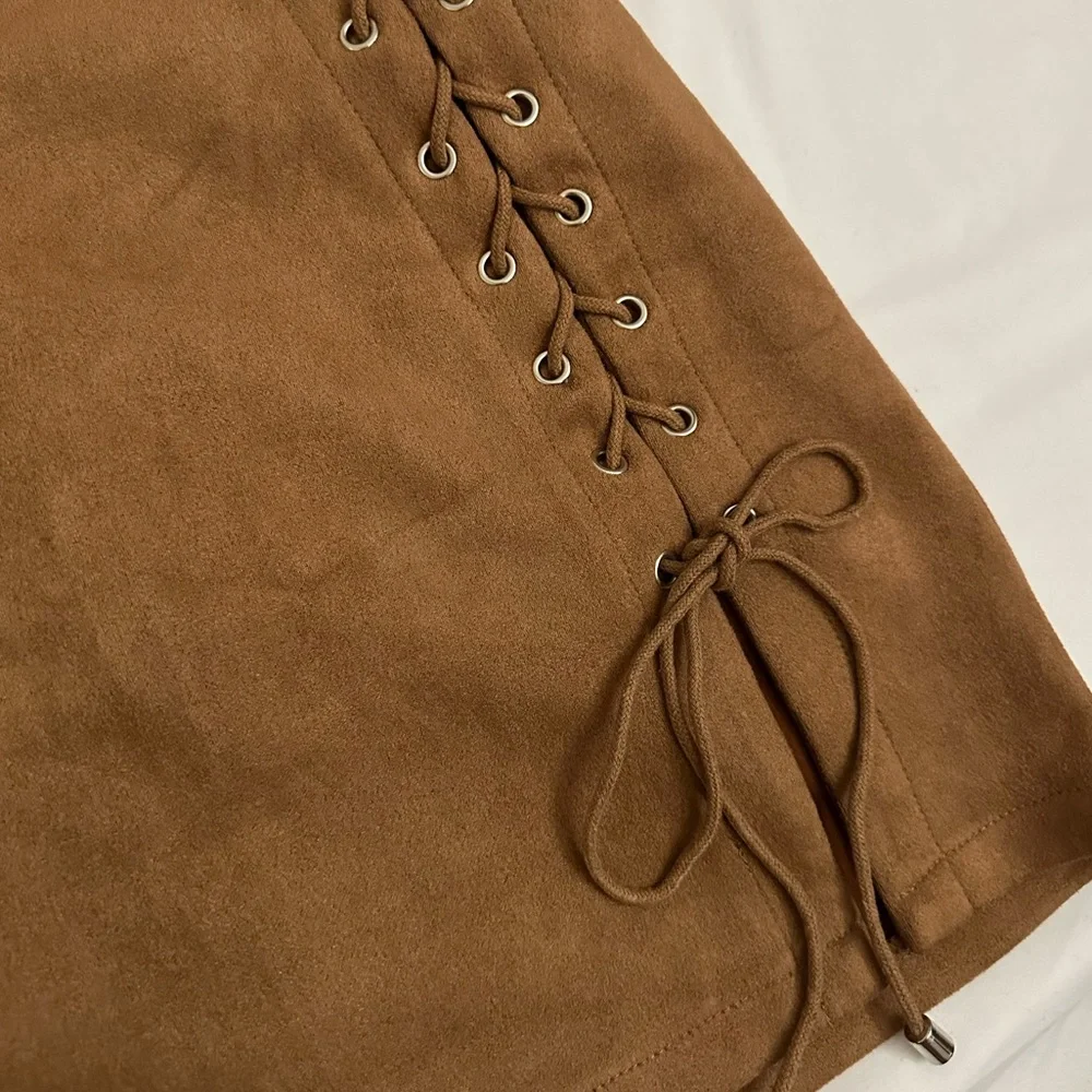 Brown Suede Like Material Skirt with Slit Lace Tie Size Small - Picture 3 of 4